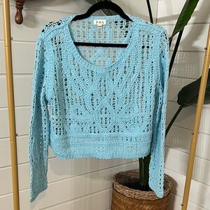 POL Sky Blue Cropped Crochet open knit sweater